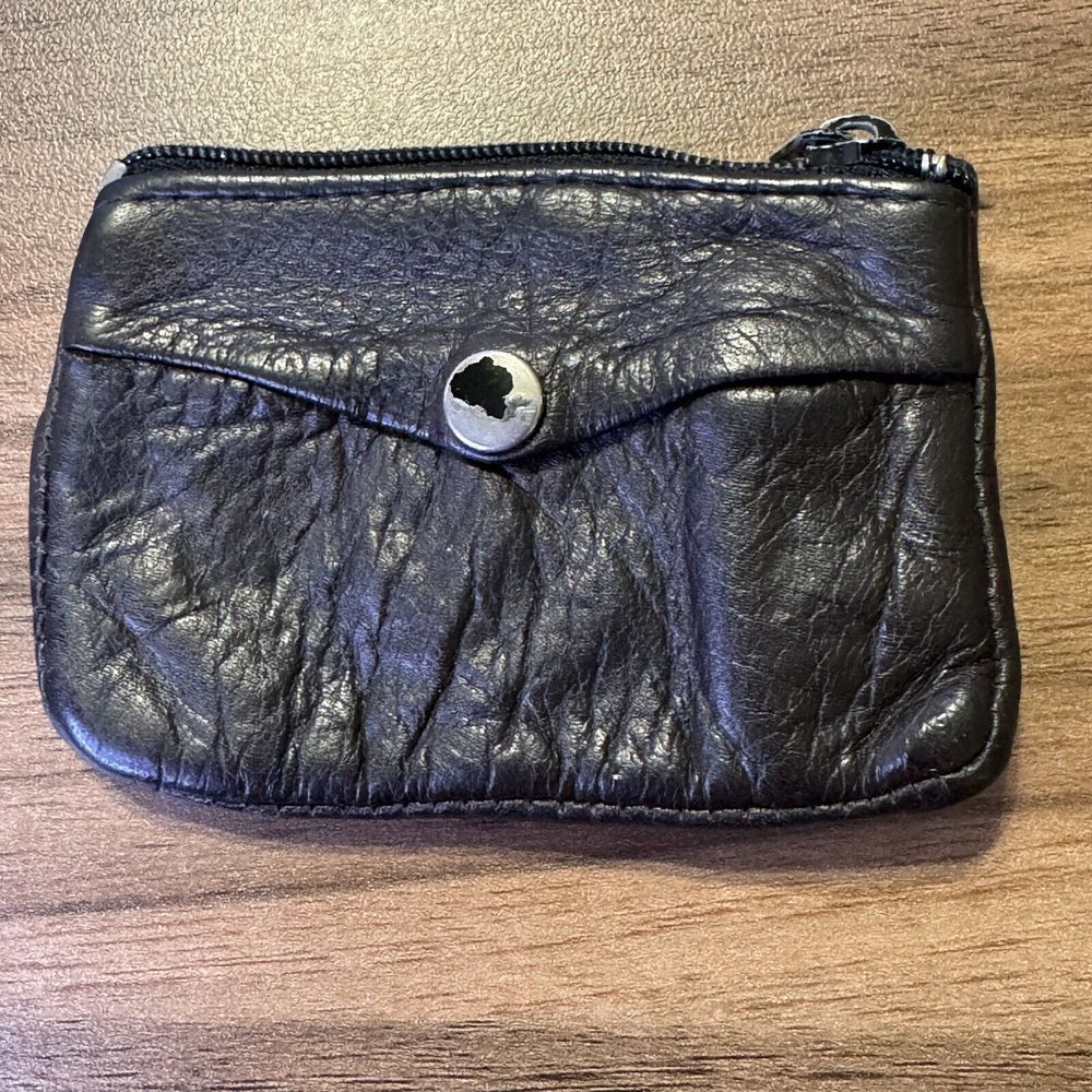Vintage Black‎ Leather Coin Purse Snap Money Pouch With Zipper & Key Rings 3.75"
